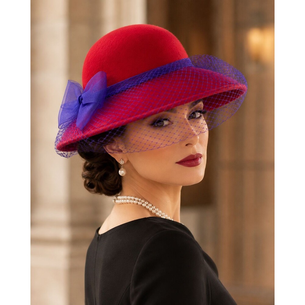 Vintage 100% Wool Red Wide Brim Derby Hat Purple Bow Church Tea Party